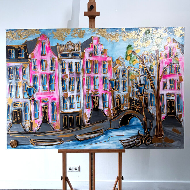 Schilderij- 100x150 cm  - Amsterdam Signature Gold Series - Prinsengracht - Blue & Gold # 1248