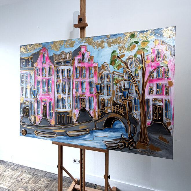 Schilderij- Rick Triest - 100x150 cm - Amsterdam Signature Gold Series - Prinsengracht - Blue & Gold # 1248