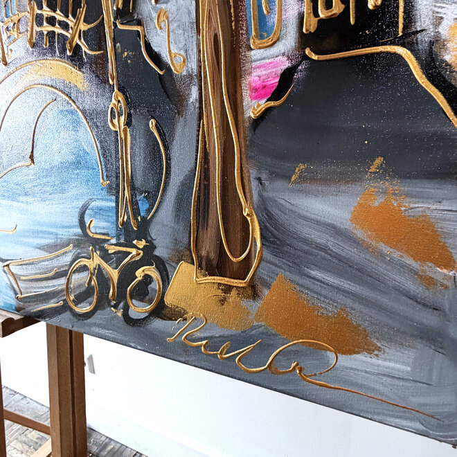 Schilderij- Rick Triest - 100x150 cm - Amsterdam Signature Gold Series - Prinsengracht - Blue & Gold # 1248