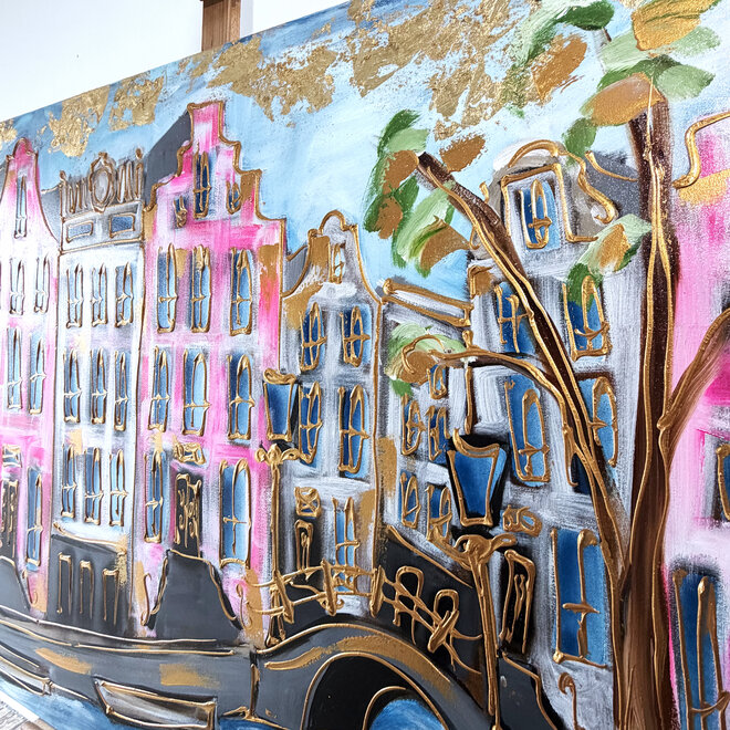 Painting - Rick Triest - 100x150 cm - Amsterdam Signature Gold Series - Prinsengracht - Blue & Gold # 1248