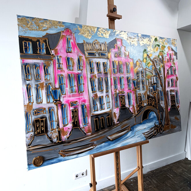 Painting - Rick Triest - 100x150 cm - Amsterdam Signature Gold Series - Prinsengracht - Blue & Gold # 1248