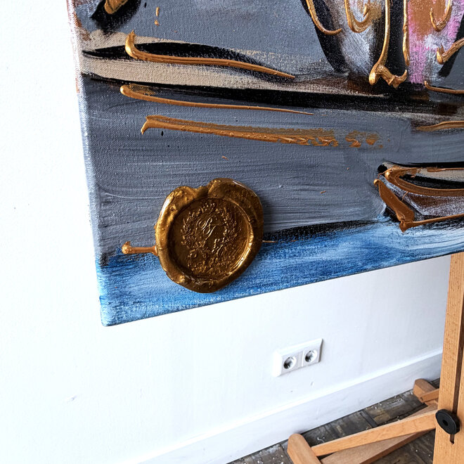 Schilderij- Rick Triest - 100x150 cm - Amsterdam Signature Gold Series - Prinsengracht - Blue & Gold # 1248