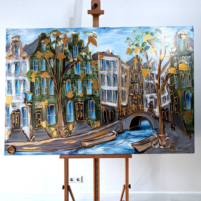 Schilderij- 100x150 cm  - Amsterdam Signature Gold Series - Prinsengracht - Blue & Gold # 1249