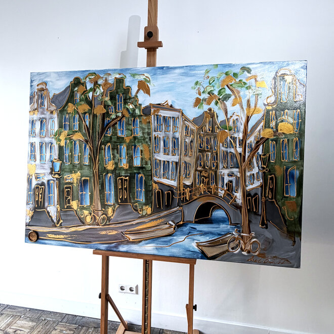 Painting - Rick Triest - 100x150 cm - Amsterdam Signature Gold Series - Prinsengracht - Blue & Gold # 1249