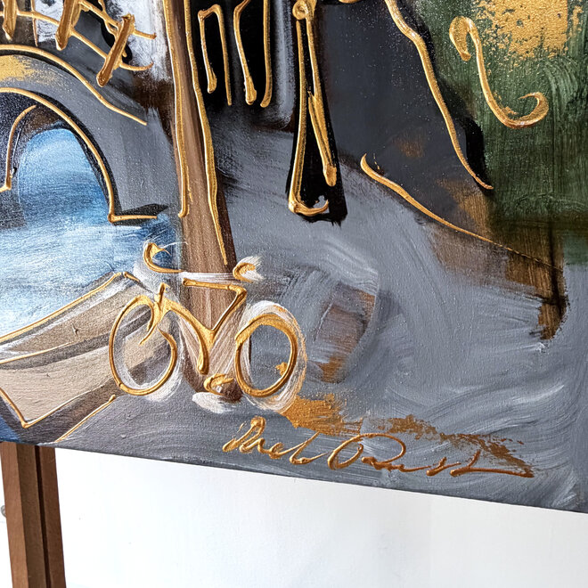 Schilderij- Rick Triest - 100x150 cm - Amsterdam Signature Gold Series - Prinsengracht - Blue & Gold # 1249