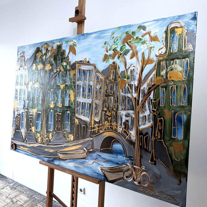 Painting - Rick Triest - 100x150 cm - Amsterdam Signature Gold Series - Prinsengracht - Blue & Gold # 1249