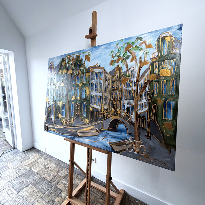 Painting - Rick Triest - 100x150 cm - Amsterdam Signature Gold Series - Prinsengracht - Blue & Gold # 1249