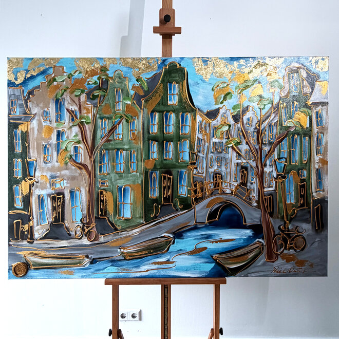 Schilderij- 100x150 cm  - Amsterdam Signature Gold Series - Prinsengracht - Blue & Gold # 1250