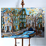 Schilderij- Rick Triest - 100x150 cm  - Amsterdam Signature Gold Series - Prinsengracht - Blue & Gold # 1250