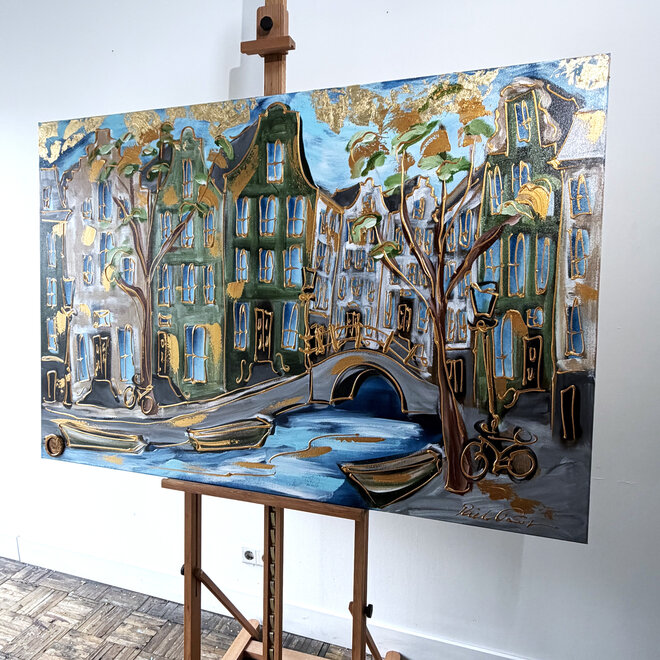 Painting - Rick Triest - 100x150 cm - Amsterdam Signature Gold Series - Prinsengracht - Blue & Gold # 1250
