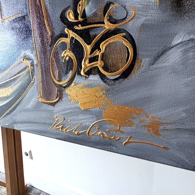 Schilderij- Rick Triest - 100x150 cm  - Amsterdam Signature Gold Series - Prinsengracht - Blue & Gold # 1250