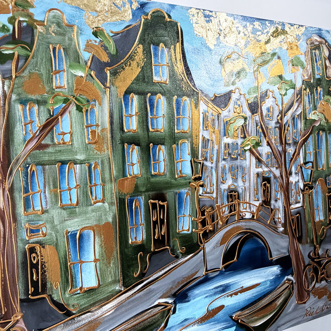 Schilderij- Rick Triest - 100x150 cm  - Amsterdam Signature Gold Series - Prinsengracht - Blue & Gold # 1250