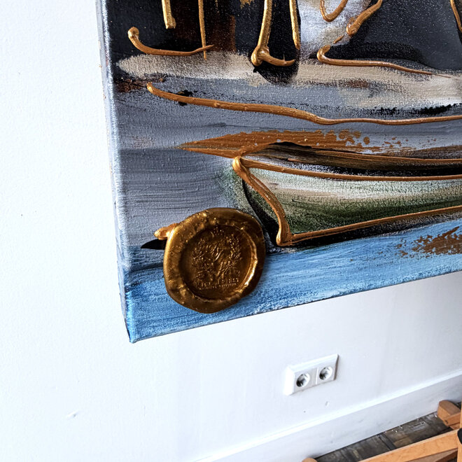 Painting - Rick Triest - 100x150 cm - Amsterdam Signature Gold Series - Prinsengracht - Blue & Gold # 1250