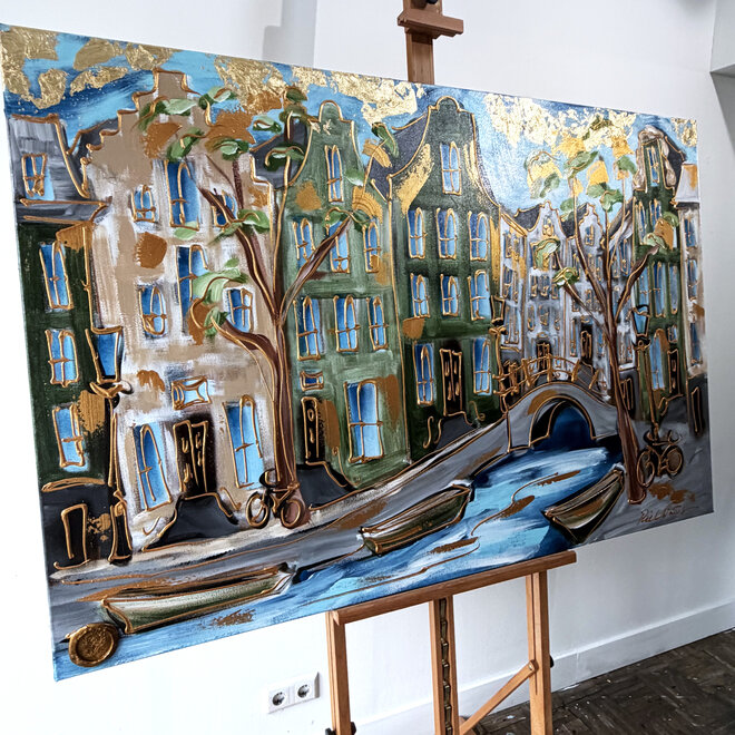 Schilderij- Rick Triest - 100x150 cm  - Amsterdam Signature Gold Series - Prinsengracht - Blue & Gold # 1250