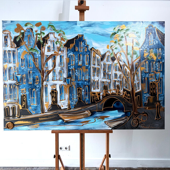 Painting- 100x150 cm - Amsterdam Signature Gold Series - Prinsengracht - Blue & Gold # 1251