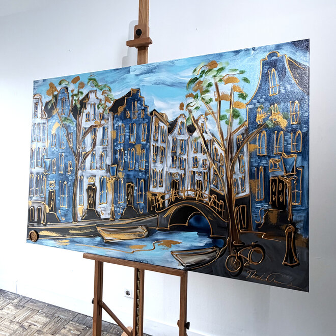 Schilderij- Rick Triest - 100x150 cm  - Amsterdam Signature Gold Series - Prinsengracht - Blue & Gold # 1251