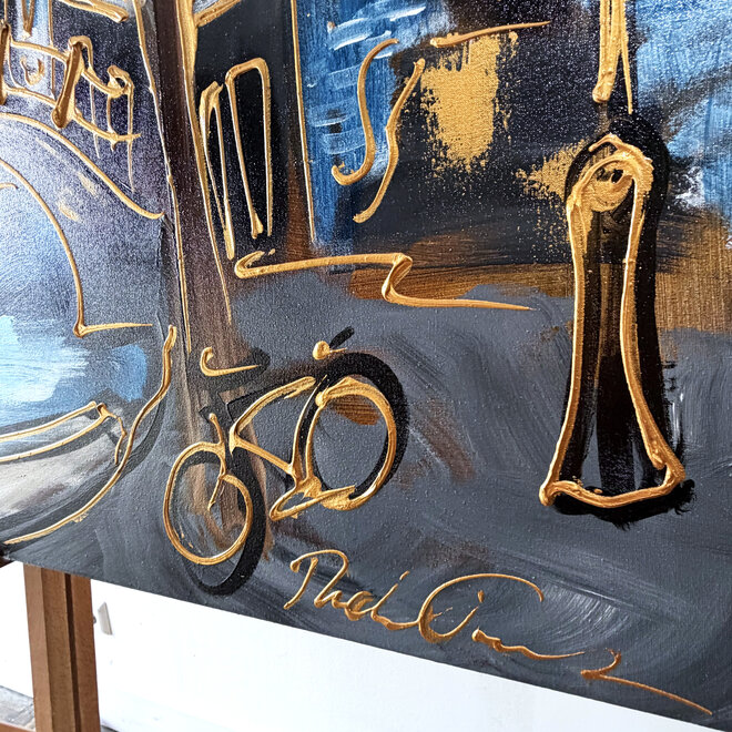 Schilderij- Rick Triest - 100x150 cm  - Amsterdam Signature Gold Series - Prinsengracht - Blue & Gold # 1251