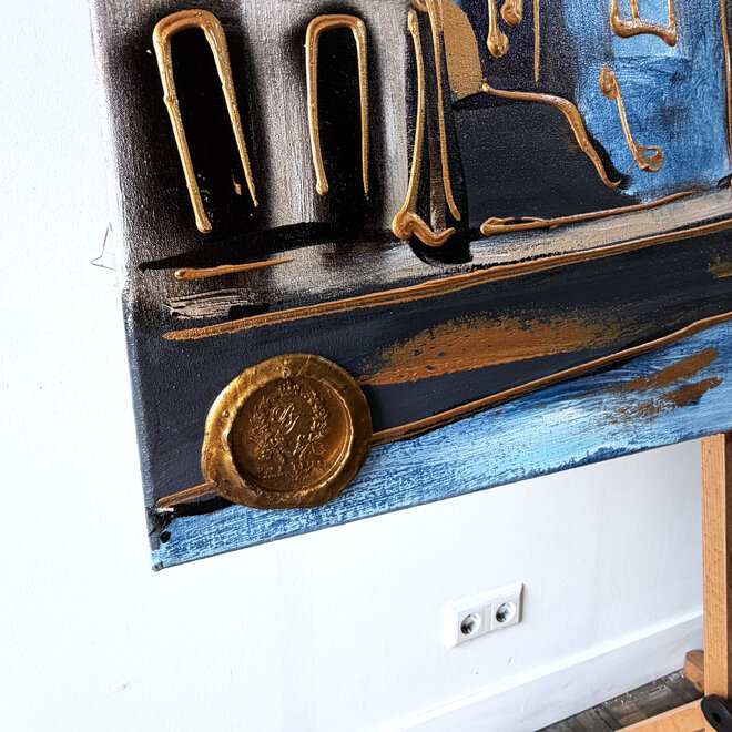 Schilderij- Rick Triest - 100x150 cm  - Amsterdam Signature Gold Series - Prinsengracht - Blue & Gold # 1251