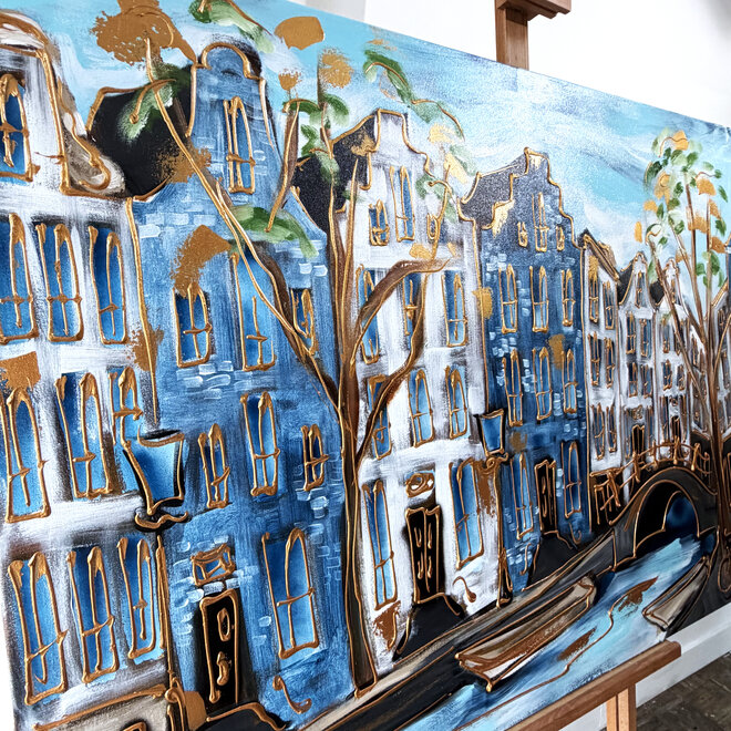 Painting - Rick Triest - 100x150 cm - Amsterdam Signature Gold Series - Prinsengracht - Blue & Gold # 1251