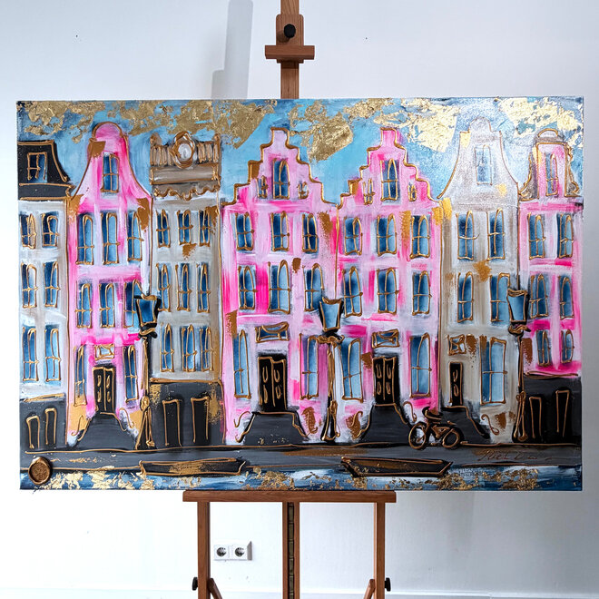 Schilderij- Rick Triest - 100x150 cm - Amsterdam Signature Gold Series - Prinsengracht - Blue & Gold # 1252