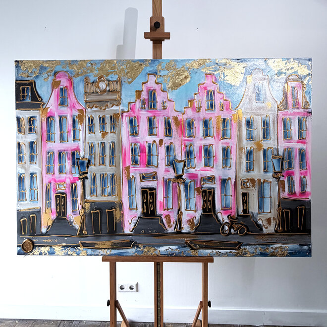 Schilderij- Rick Triest - 100x150 cm - Amsterdam Signature Gold Series - Prinsengracht - Blue & Gold # 1252