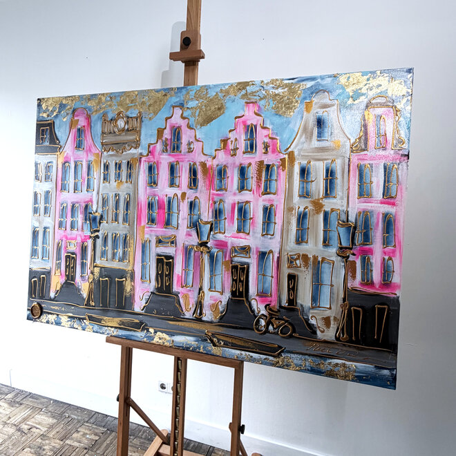 Schilderij- Rick Triest - 100x150 cm - Amsterdam Signature Gold Series - Prinsengracht - Blue & Gold # 1252