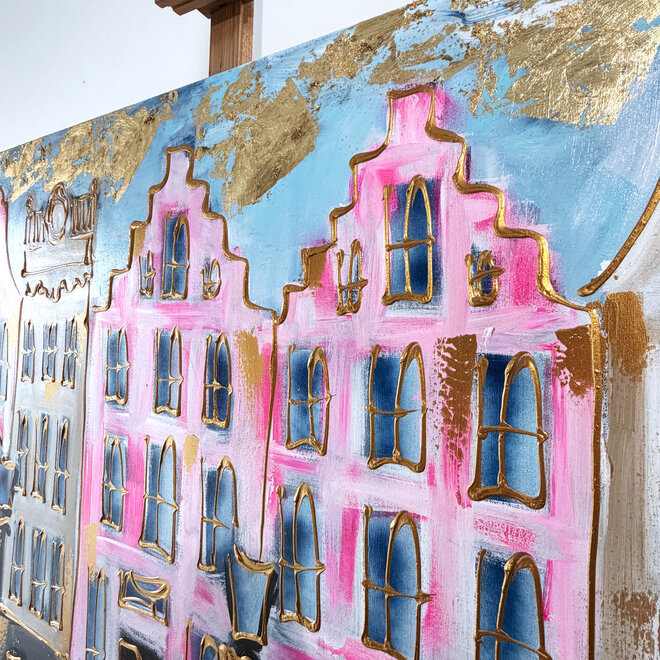 Schilderij- Rick Triest - 100x150 cm - Amsterdam Signature Gold Series - Prinsengracht - Blue & Gold # 1252