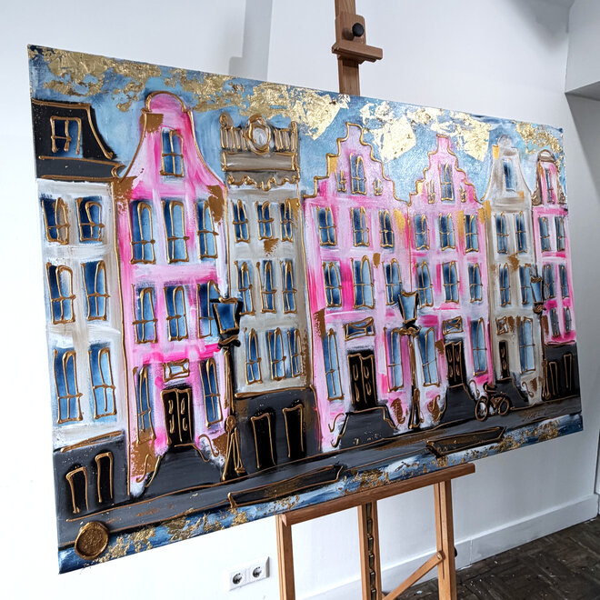 Schilderij- Rick Triest - 100x150 cm - Amsterdam Signature Gold Series - Prinsengracht - Blue & Gold # 1252