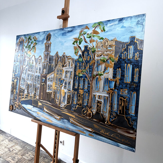 Painting - Rick Triest - 100x150 cm - Amsterdam Signature Gold Series - Prinsengracht - Blue & Gold # 1253- Westertoren