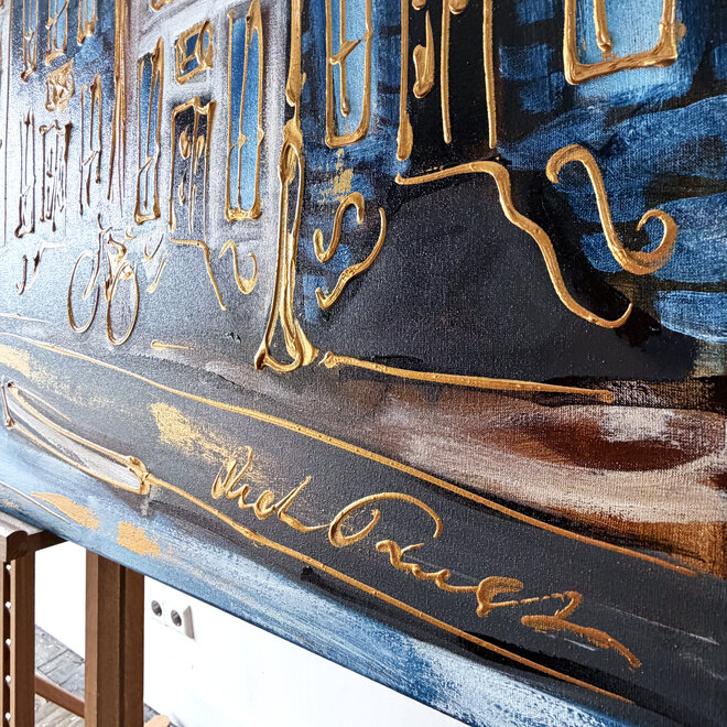 Schilderij- Rick Triest - 100x150 cm  - Amsterdam Signature Gold Series - Prinsengracht - Blue & Gold # 1253- Westertoren