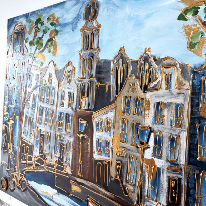 Painting - Rick Triest - 100x150 cm - Amsterdam Signature Gold Series - Prinsengracht - Blue & Gold # 1253- Westertoren