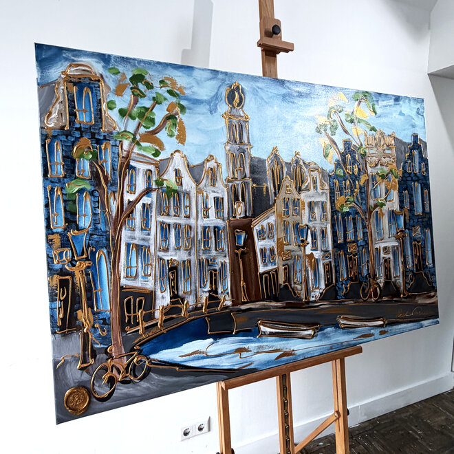 Painting - Rick Triest - 100x150 cm - Amsterdam Signature Gold Series - Prinsengracht - Blue & Gold # 1253- Westertoren