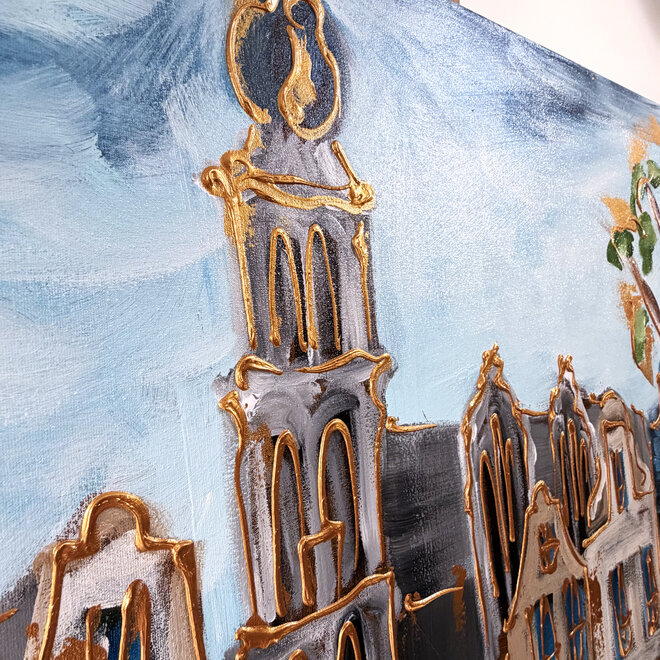 Painting - Rick Triest - 100x150 cm - Amsterdam Signature Gold Series - Prinsengracht - Blue & Gold # 1253- Westertoren