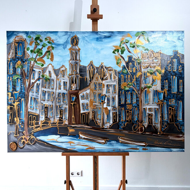 Schilderij- 100x150 cm  - Amsterdam Signature Gold Series - Prinsengracht - Blue & Gold # 1253- Westertoren
