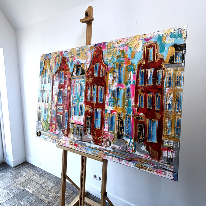 Painting- 100x150x4,5 cm - Rick Triest - Amsterdam Canalhouses - Gold - BOHO -2
