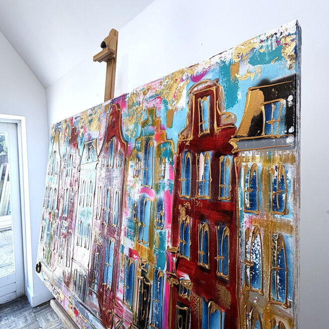 Schilderij- 100x150x4,5 cm - Rick Triest - Amsterdam Canalhouses - Gold - BOHO -2