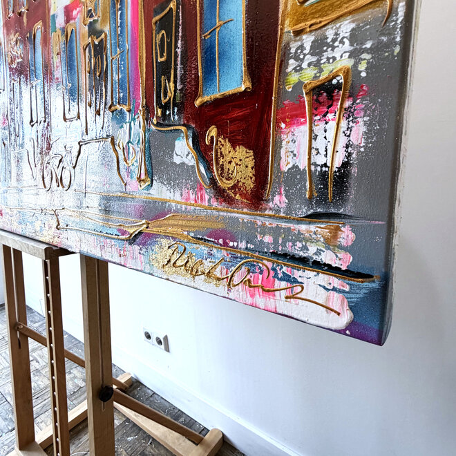 Painting- 100x150x4,5 cm - Rick Triest - Amsterdam Canalhouses - Gold - BOHO -2