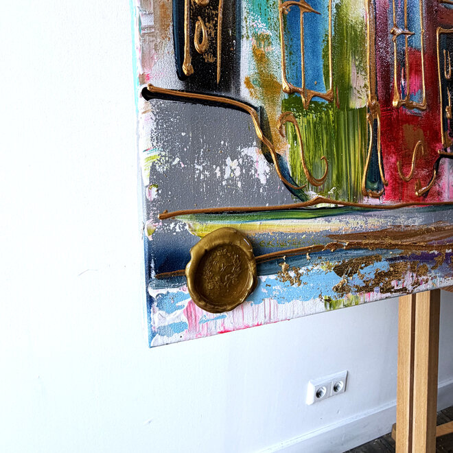 Schilderij- 100x150x4,5 cm - Rick Triest - Amsterdam Canalhouses - Gold - BOHO -2