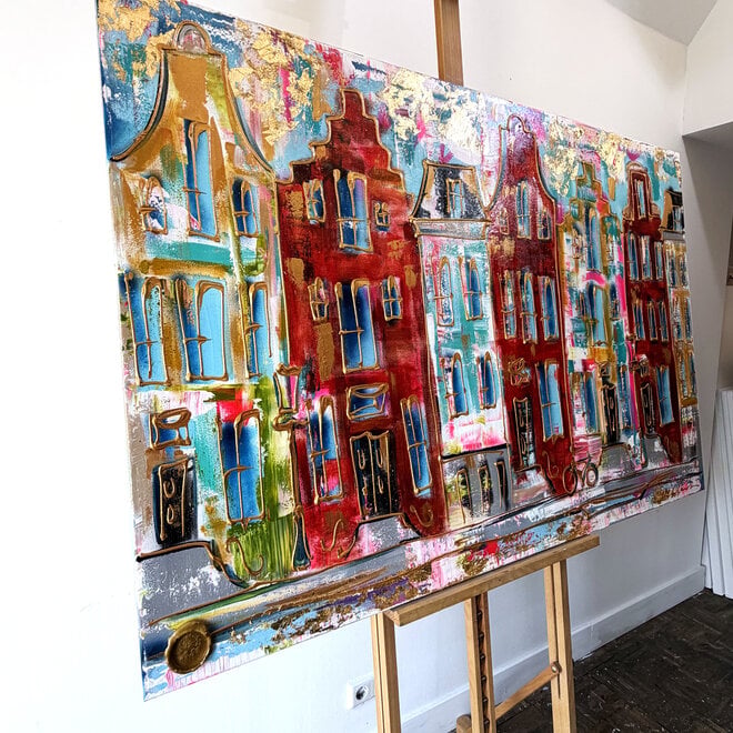 Painting- 100x150x4,5 cm - Rick Triest - Amsterdam Canalhouses - Gold - BOHO -2