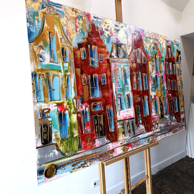Schilderij- 100x150x4,5 cm - Rick Triest - Amsterdam Canalhouses - Gold - BOHO -2