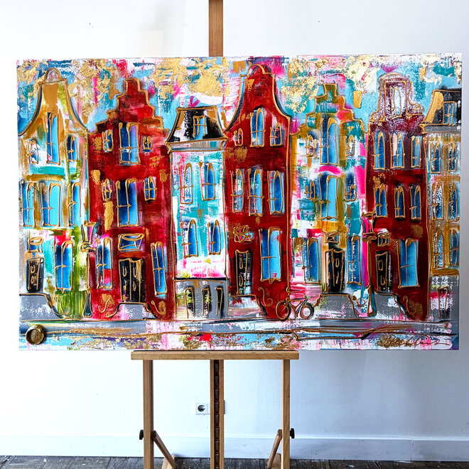 Schilderij- 100x150x4,5 cm - Rick Triest - Amsterdam Canalhouses - Gold - BOHO -2