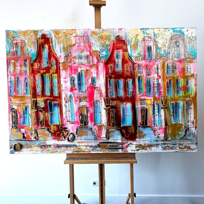 Painting- 100x150x4,5 cm - Amsterdam Canalhouses - Gold - BOHO -3