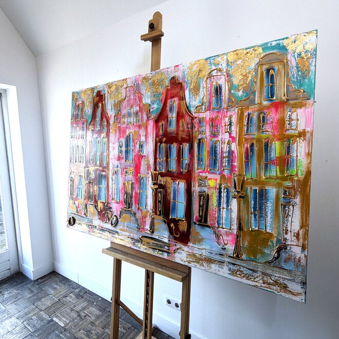 Painting- 100x150x4,5 cm - Rick Triest - Amsterdam Canalhouses - Gold - BOHO -3
