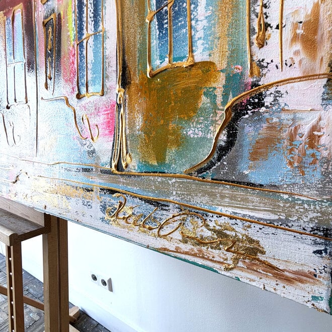 Painting- 100x150x4,5 cm - Rick Triest - Amsterdam Canalhouses - Gold - BOHO -3