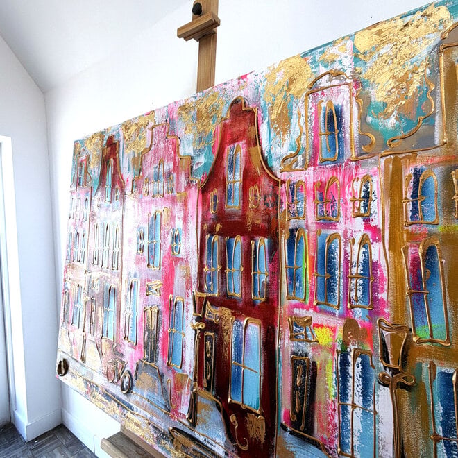 Painting- 100x150x4,5 cm - Rick Triest - Amsterdam Canalhouses - Gold - BOHO -3
