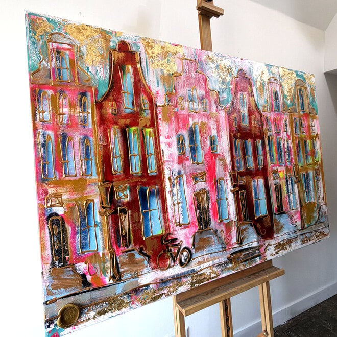 Painting- 100x150x4,5 cm - Rick Triest - Amsterdam Canalhouses - Gold - BOHO -3