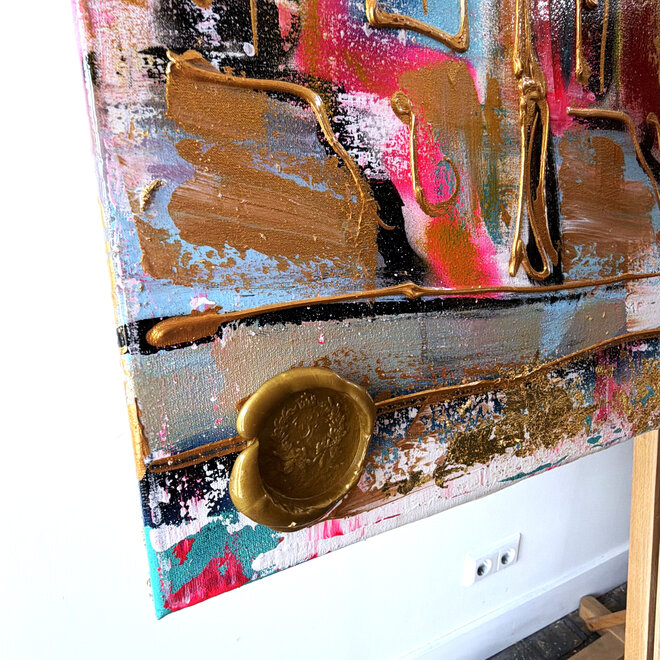 Schilderij- 100x150x4,5 cm - Rick Triest - Amsterdam Canalhouses - Gold - BOHO -3