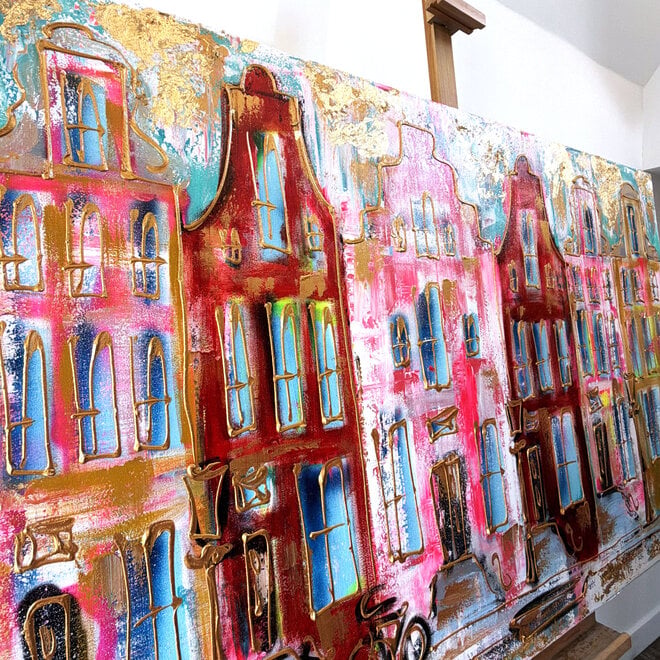Painting- 100x150x4,5 cm - Rick Triest - Amsterdam Canalhouses - Gold - BOHO -3