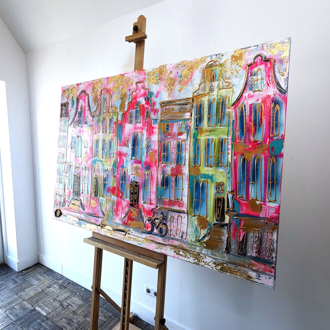 Painting- 100x150x4,5 cm - Rick Triest - Amsterdam Canalhouses - Gold - BOHO -4