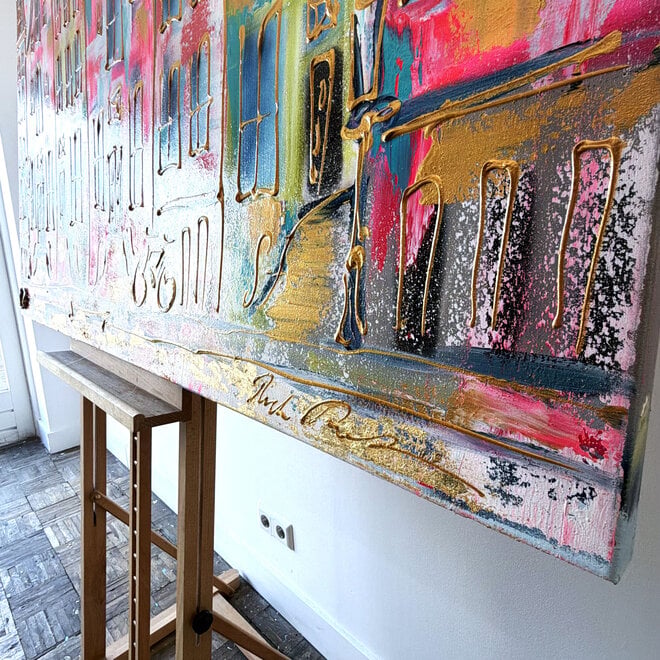 Painting- 100x150x4,5 cm - Rick Triest - Amsterdam Canalhouses - Gold - BOHO -4